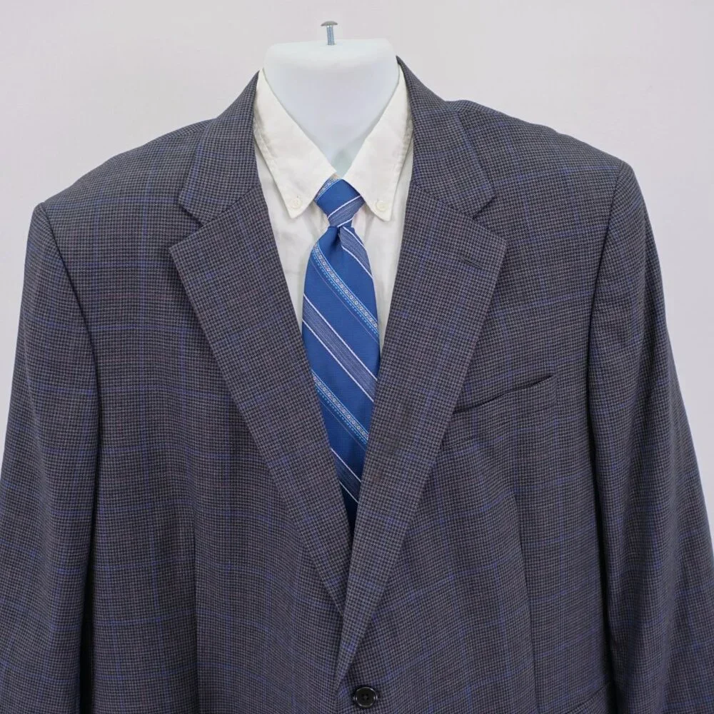 Jos‎ A Bank Regal Fit Wool Gray Black Houndstooth W/ Purple Blue Windowpane 50L